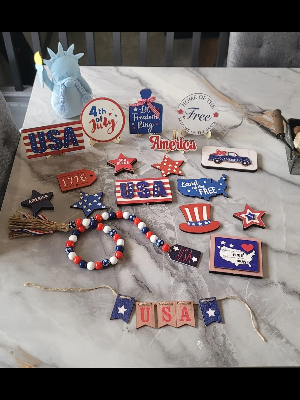 Patriotic Red White & Blue 4th Of July Decorations Set For Tiered Tray 19 Pieces